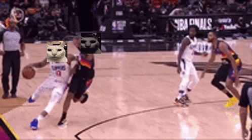 Basketball Player With Cat On Head Dribbling GIF