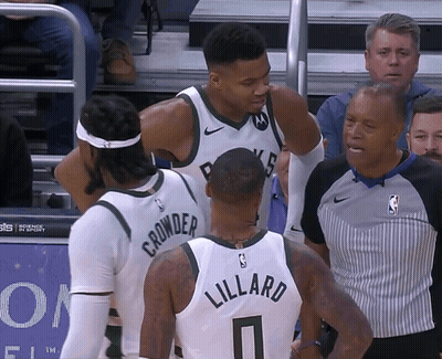 Basketball Players Crowder And Lillard With Referee GIF