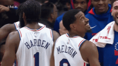 Basketball Players Harden And Melton Standing On Court GIF