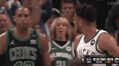Basketball Players Talking Celtics And Bucks Jerseys GIF