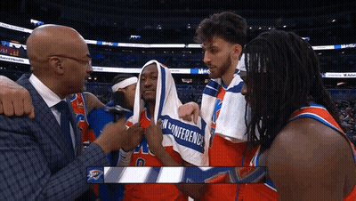 Basketball Players With Towel Saying Conference GIF