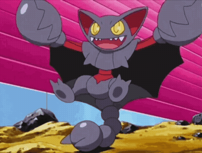 Bat-Shaped Cartoon Character With Yellow Eyes Under Pink Ceiling GIF