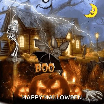 Bat Sitting On Pumpkin Saying Boo GIF