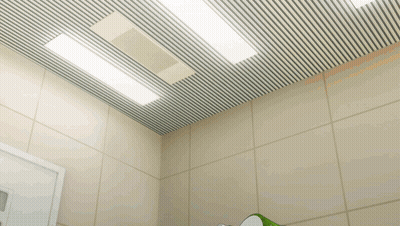 Bathroom With Striped Ceiling And White Door GIF
