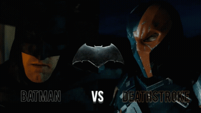 Batman And Deathstroke Standing Next To Each Other With The Words Batman Vs Deathstroke Below Them GIF