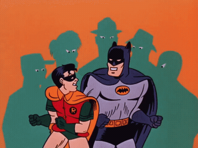 Batman And Robin Standing In Front Of Shadows GIF