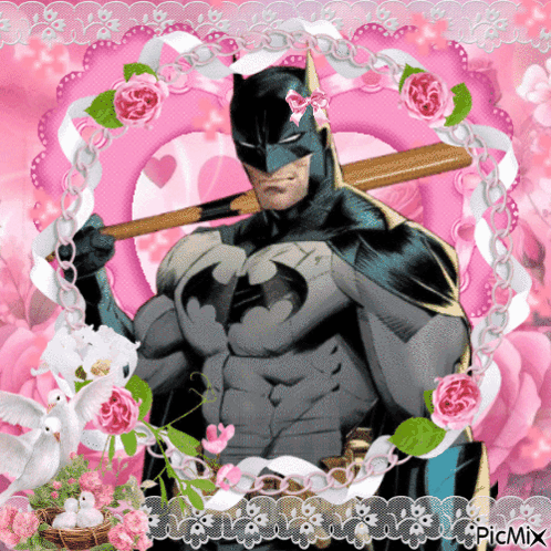 Batman With Bat On Shoulder Surrounded By Pink Flowers GIF