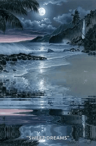 Beach At Night With Full Moon And Waterfall Reflection GIF