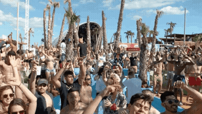 Beach Party Crowd With Palm Trees GIF