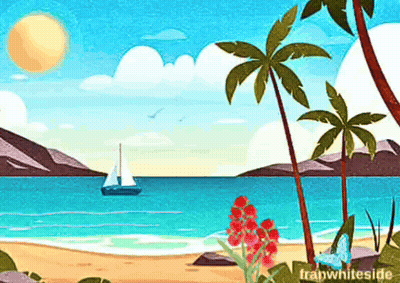 Beach With Palm Trees And Sailboat In Distance GIF