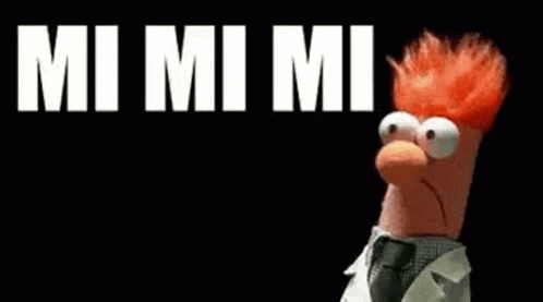 Beaker From The Muppet Show Is Standing In Front Of A Black Background With The Words `` Mi Mi Mi '' Written On It . GIF