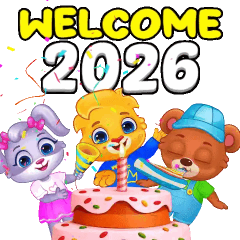 Oso conejo y pastel que dice Bienvenido 2026 Sticker