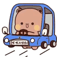 Bear Driving Blue Car With License Plate Sticker