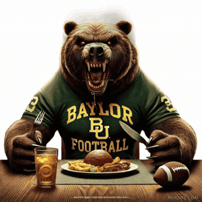 Bear In Baylor Football Jersey Sitting At Table GIF