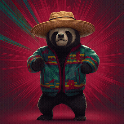 Bear In Straw Hat And Native American Jacket GIF