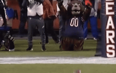 Bear Mascot In Number 00 Jersey Kneeling On Football Field GIF