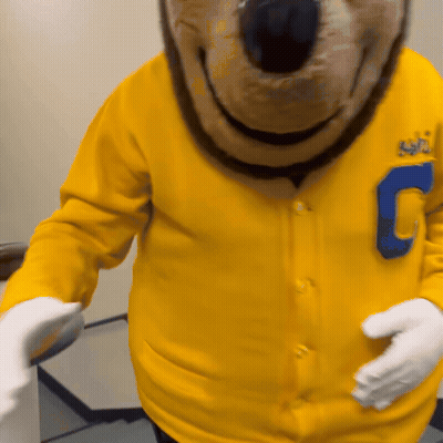 Bear Mascot In Yellow Jacket With Letter C GIF
