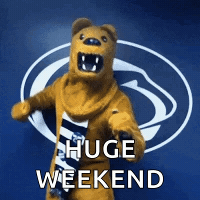 Bear Mascot Saying Huge Weekend In Front Of Lion Logo GIF