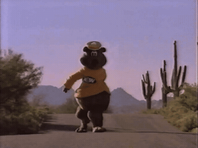 Bear Mascot Walking Past Cactus GIF