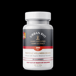 Bear Shaped Gummies Peeking From Behind Bottle GIF