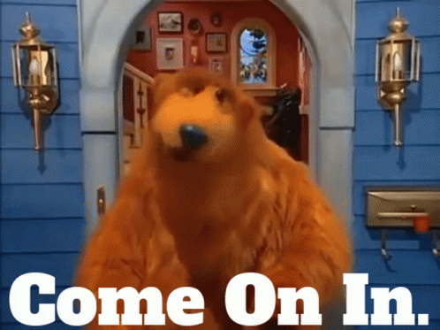 Bear Standing In Front Of Blue House Come On In GIF