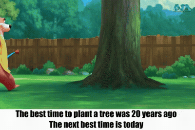 Bear Walking To Tree Saying Best Time To Plant A Tree Was 20 Years Ago GIF