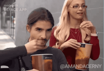 Bearded Man And Glasses Woman Eating Reface Cups GIF