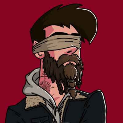 Bearded Man Blindfolded Holding Coffee Cup GM GIF