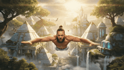 Bearded Man Flying In Front Of Castle GIF