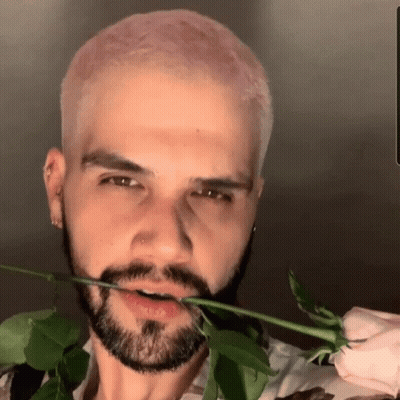 Bearded Man Holding Pink Rose in Mouth