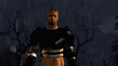 Bearded Man In Armor Standing In Rain GIF