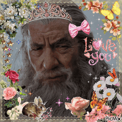 Bearded Man In Crown And Flowers Saying Love You GIF