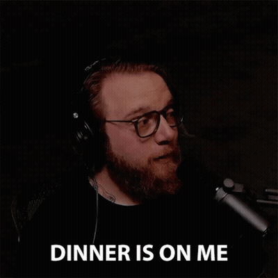 Bearded Man In Headphones And Glasses Says Dinner Is On Me GIF