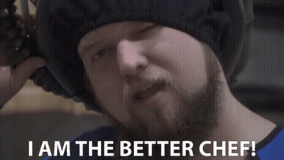 Bearded Man In Helmet Says I Am The Better Chef GIF
