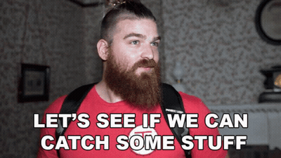 Bearded Man In Red Shirt Saying Let's See If We Can Catch Some Stuff GIF