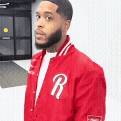 Bearded Man In Red Varsity Jacket With Letter R GIF