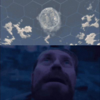 Bearded Man Looking Up At Sphere In Sky GIF
