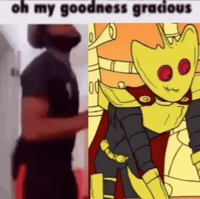 Bearded Man Next To Yellow-Faced Cartoon Character GIF
