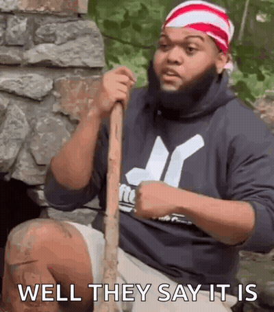 Bearded Man On Rock Holding Stick Says Well They Say It Is GIF
