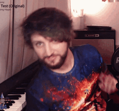 Bearded Man Playing Guitar With Keyboard Saying 64 GIF