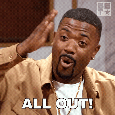 Bearded Man Saying All Out With Hands In Air GIF