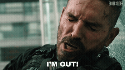 Bearded Man Saying I'm Out In Front Of Ghost Soldier Logo GIF
