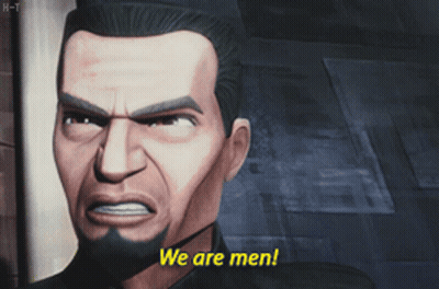 Bearded Man Saying We Are Men In Yellow Letters GIF