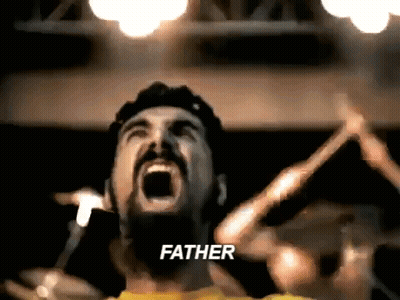 Bearded Man Screaming At Drum Set With Father Above GIF