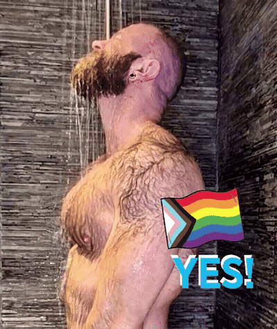 Bearded Man Showering With Rainbow Flag GIF