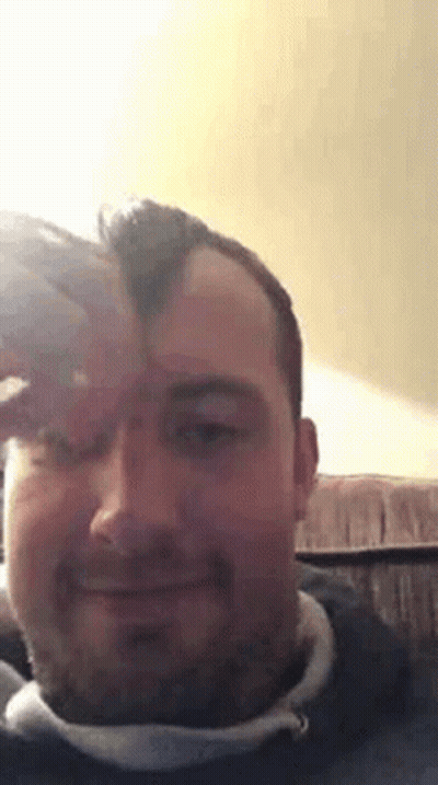 Bearded Man Sitting On Couch Hand On Forehead Smiling GIF