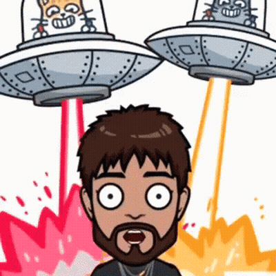 Bearded Man Standing Before Two Flying Saucers GIF