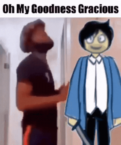 Bearded Man Standing Next To Cartoon Character With Knife GIF