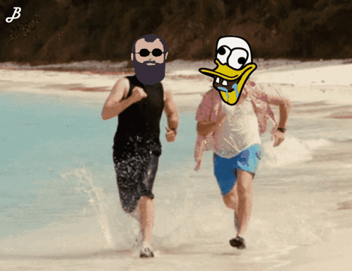 Bearded Man With Cartoon Duck On Face Running On Beach GIF