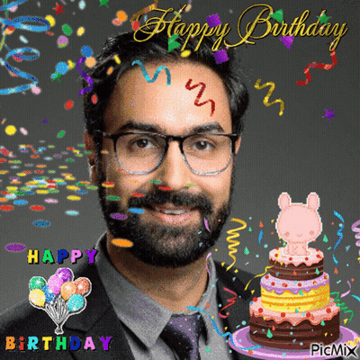 Bearded Man With Glasses Surrounded By Balloons And Confetti Happy Birthday GIF